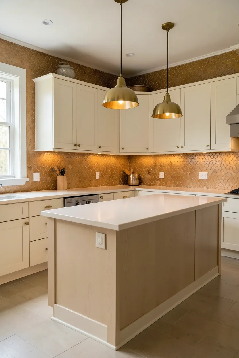 Hyper-realistic wide shot of a fall kitchen with warm backsplash. Full-height backsplash in warm honey hexagonal mosaic tile extending from countertop to ceiling. Neutral warm white shaker cabinets provide contrast. Light oak island with waterfall edge. Brass hardware on all cabinets. Three brass pendant lights over island. Warm cream quartz countertop. Natural light from windows highlights mosaic texture. Clean surfaces. No text, no logos, no watermarks.</p>