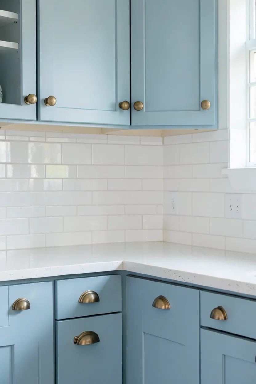 Ocean Blue Cabinets with Vintage Brass Hardware