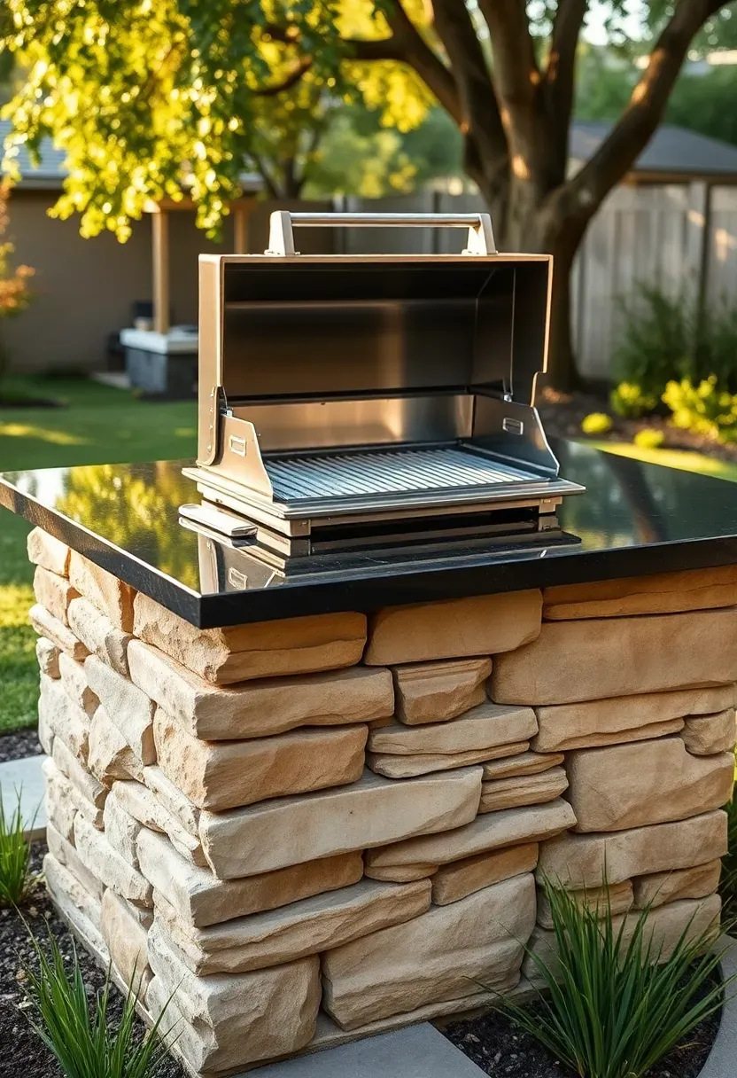 Built-in stone grill station with granite countertop, stainless steel gas grill, and stacked stone base in a landscaped backyard
