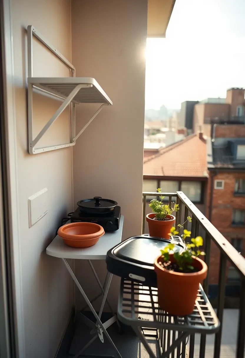 Compact outdoor cooking nook on a small apartment balcony with a tabletop grill and narrow prep shelf