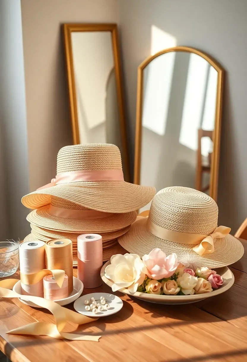 garden party hat station at baby shower with decorated hats ribbons flowers and mirrors