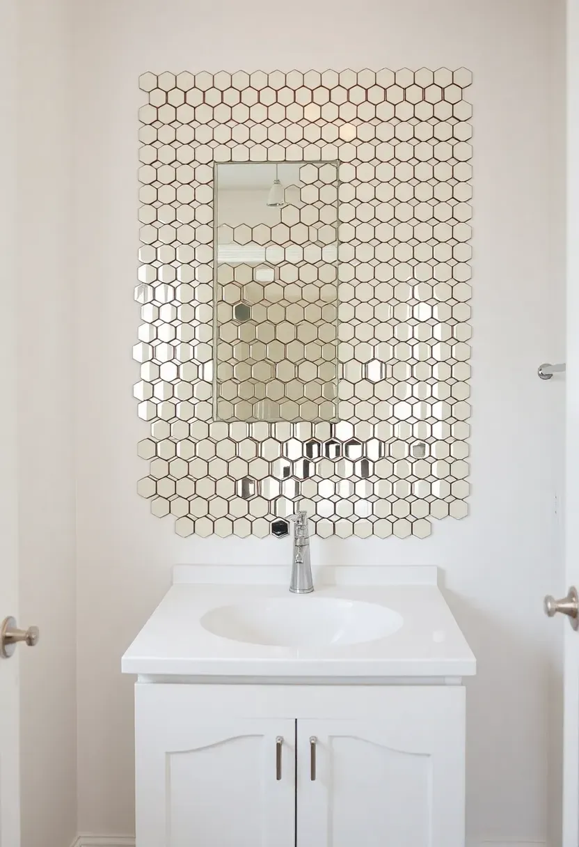 Geometric pattern of small hexagonal peel-and-stick mirror tiles arranged on a rental bathroom wall above a basic vanity, creating a feature accent