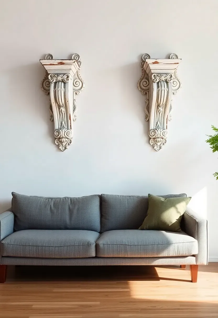 Hyper-realistic 3/4 view of living room featuring architectural salvage as wall art. Materials: pair of weathered white wood corbels with carved details mounted on white wall, each 18 inches tall, gray linen sofa below, oak floor. Corbels displayed as sculptural art objects with visible aged paint and wear. Soft directional light emphasizing carved details and texture. Unique historical character as room focal point.</p>