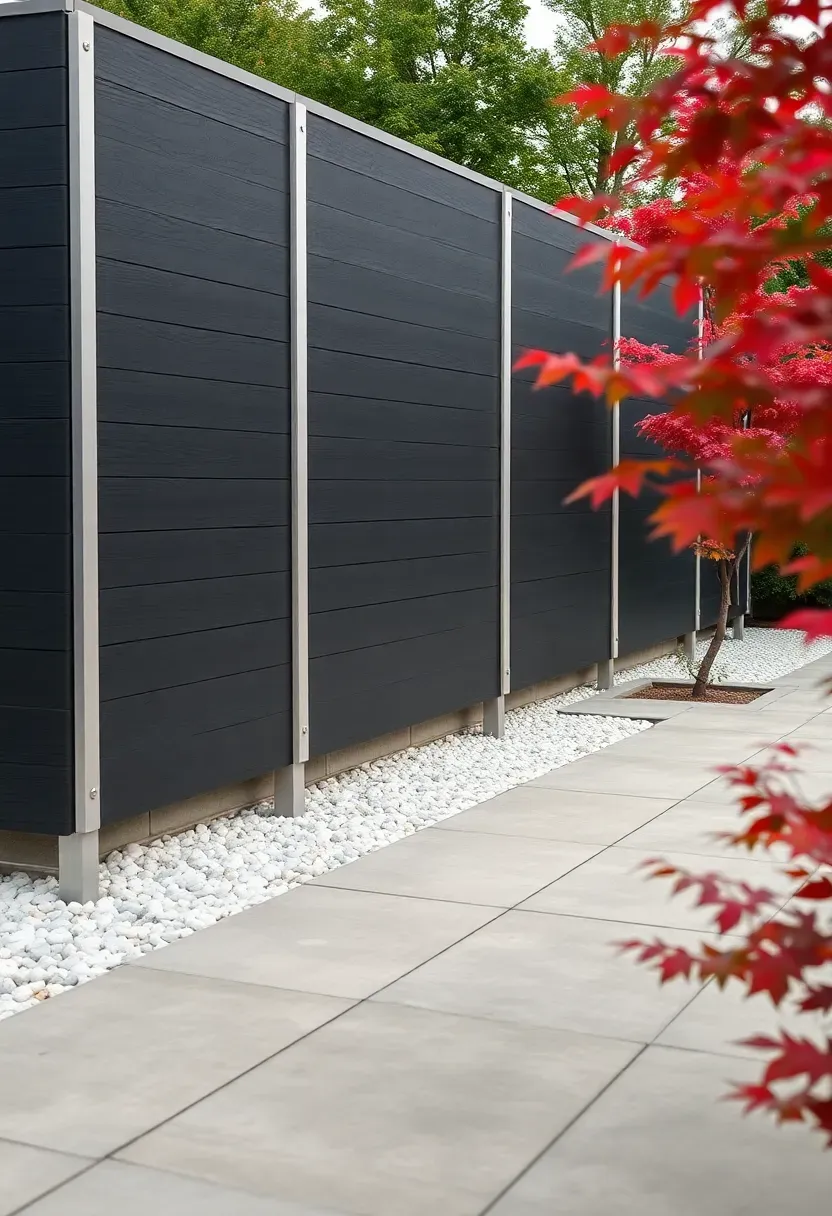 Dark charcoal composite privacy panels installed between aluminum posts in a modern backyard with a concrete patio and minimalist landscaping