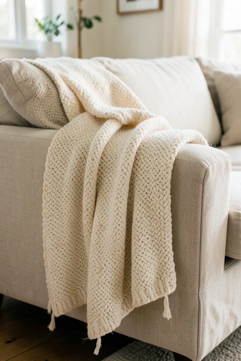 Casually draped cotton woven throw in warm oat tones over a linen sofa in a cozy wabi sabi rental living room