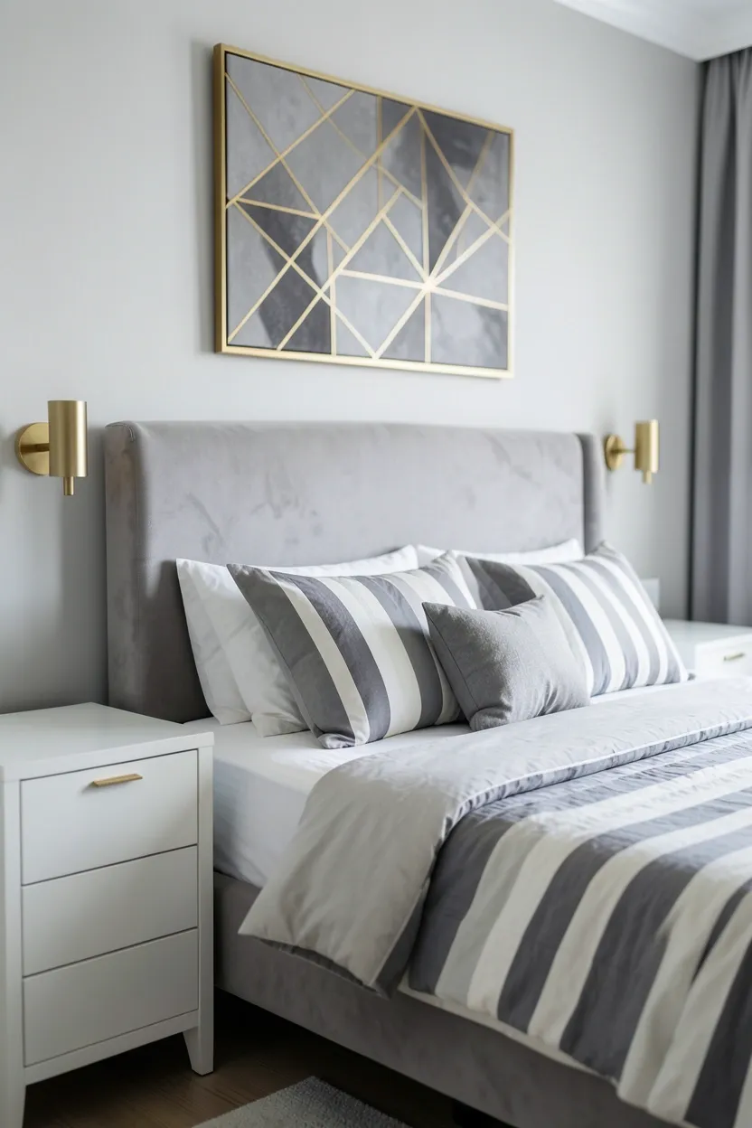 Contemporary Soft Gray Velvet with Geometric Art