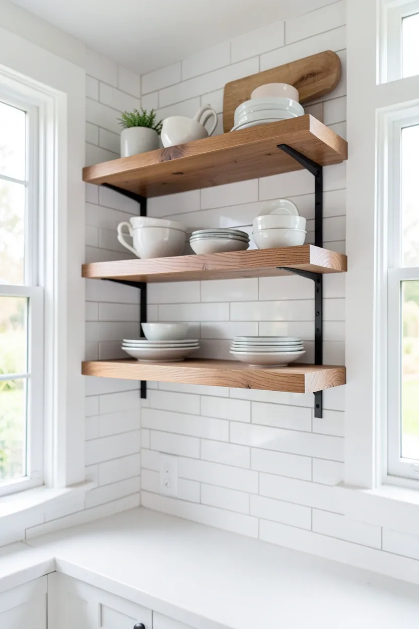 Warm oak wood open shelves with matte black iron brackets — renter-friendly kitchen storage with modern character