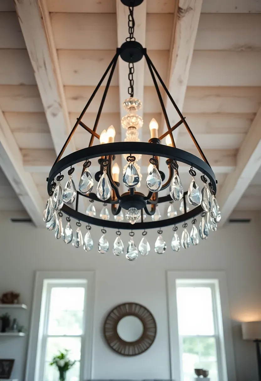 Contemporary matte black iron chandelier fitted with antique crystal drops in a modern shabby chic living room