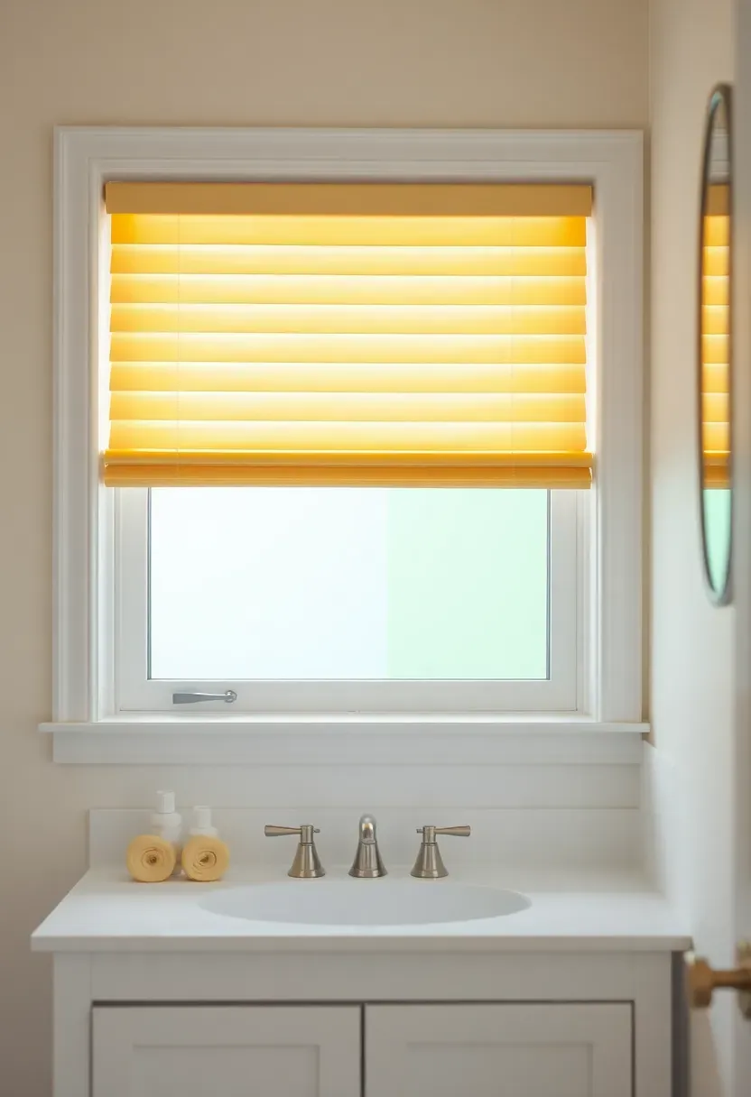 Cheerful stripe-patterned bathroom curtain in mint and white framing a small rental bathroom window