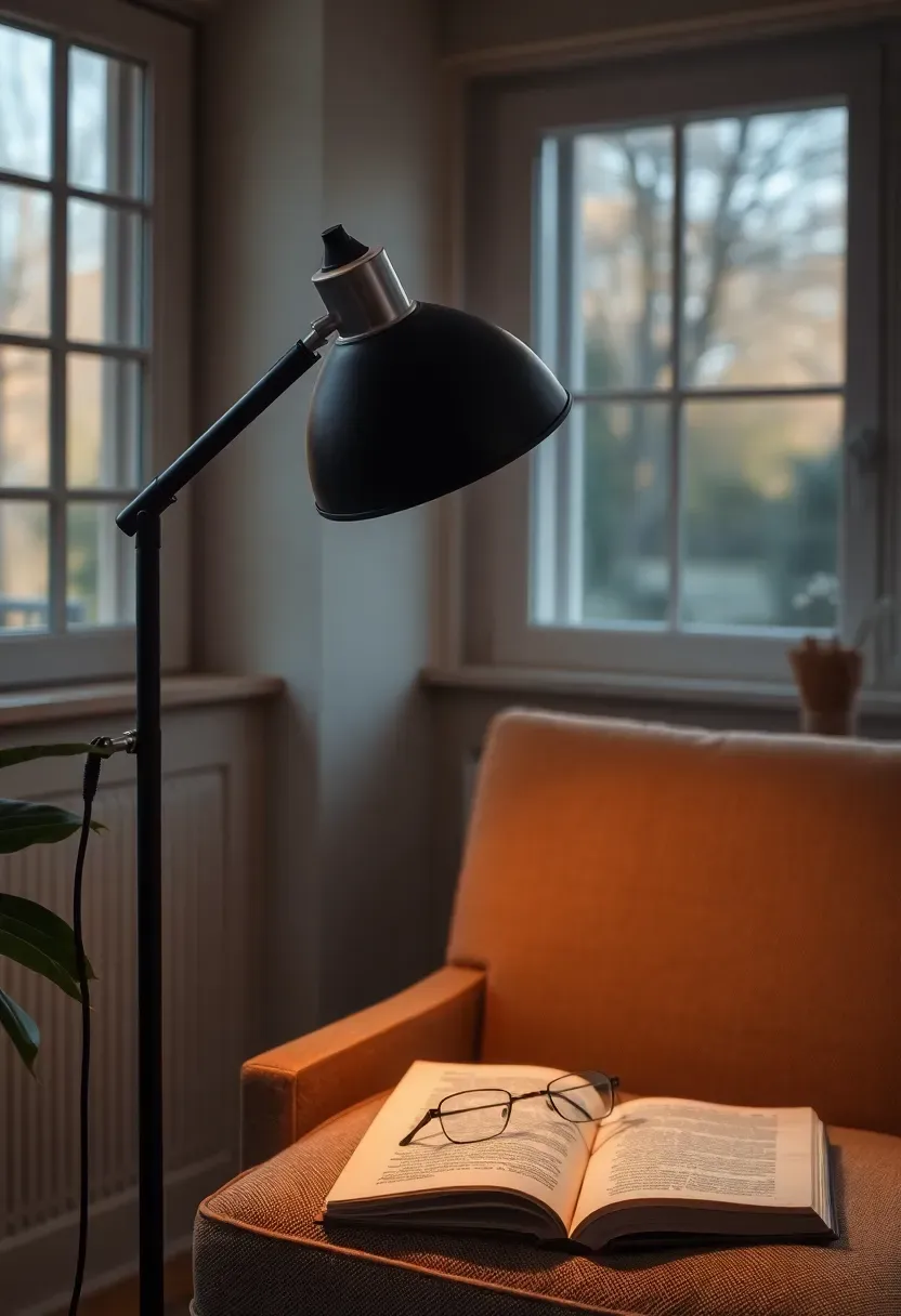 Modern matte black adjustable arc floor lamp positioned beside a reading chair in a sunroom with a warm spotlight illuminating an open book and linen cushion