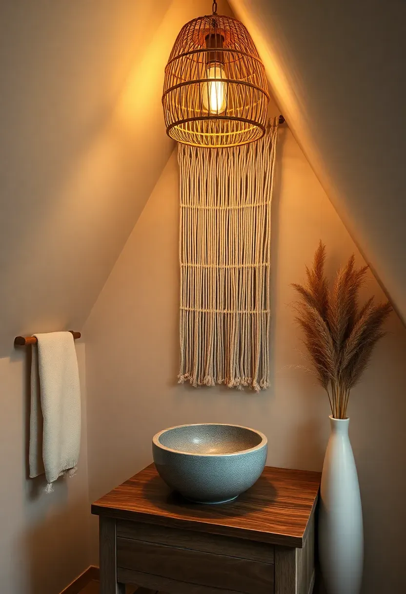 Boho attic bathroom with macrame wall hanging draped over the sloped ceiling section, rattan pendant at the peak, round stone resin basin on walnut slab counter, and dried pampas grass by the low wall