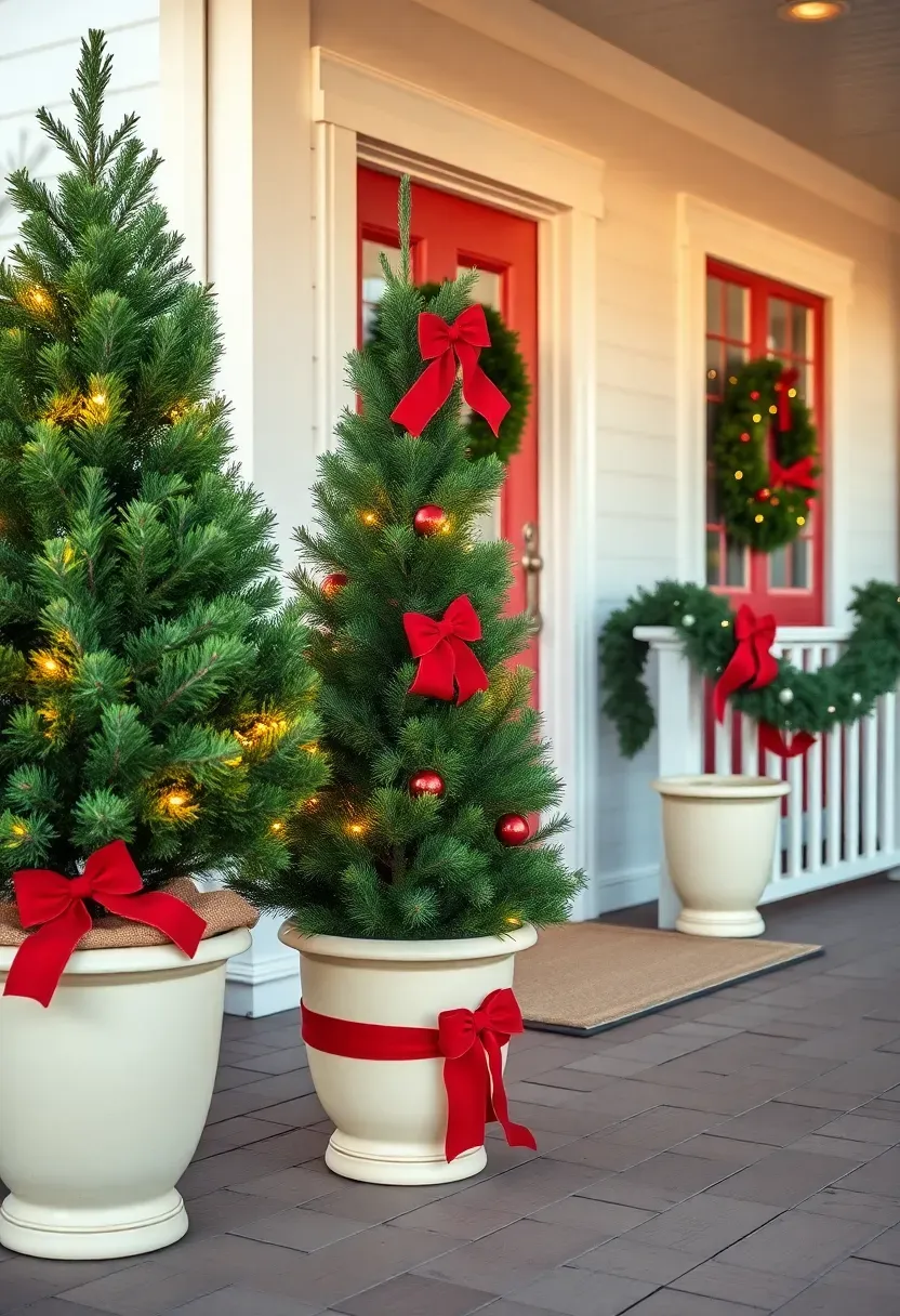 Hyper-realistic 3/4 view of a potted Christmas tree front porch display. Materials: two 5-foot Fraser fir trees in cream ceramic planters flanking a red front door with matching wreath, trees wrapped in warm white mini lights with red velvet bows at tops, burlap fabric wrapping the base soil, fresh garland across porch railings. Warm sunset light (4200K), wood plank porch, white Craftsman-style home exterior with stone columns. Traditional elegant mood like Southern Living holiday feature. Shallow depth of field, sharp details on fir needles and ribbon texture, symmetrical formal composition. No text, no logos, no watermarks.</p>