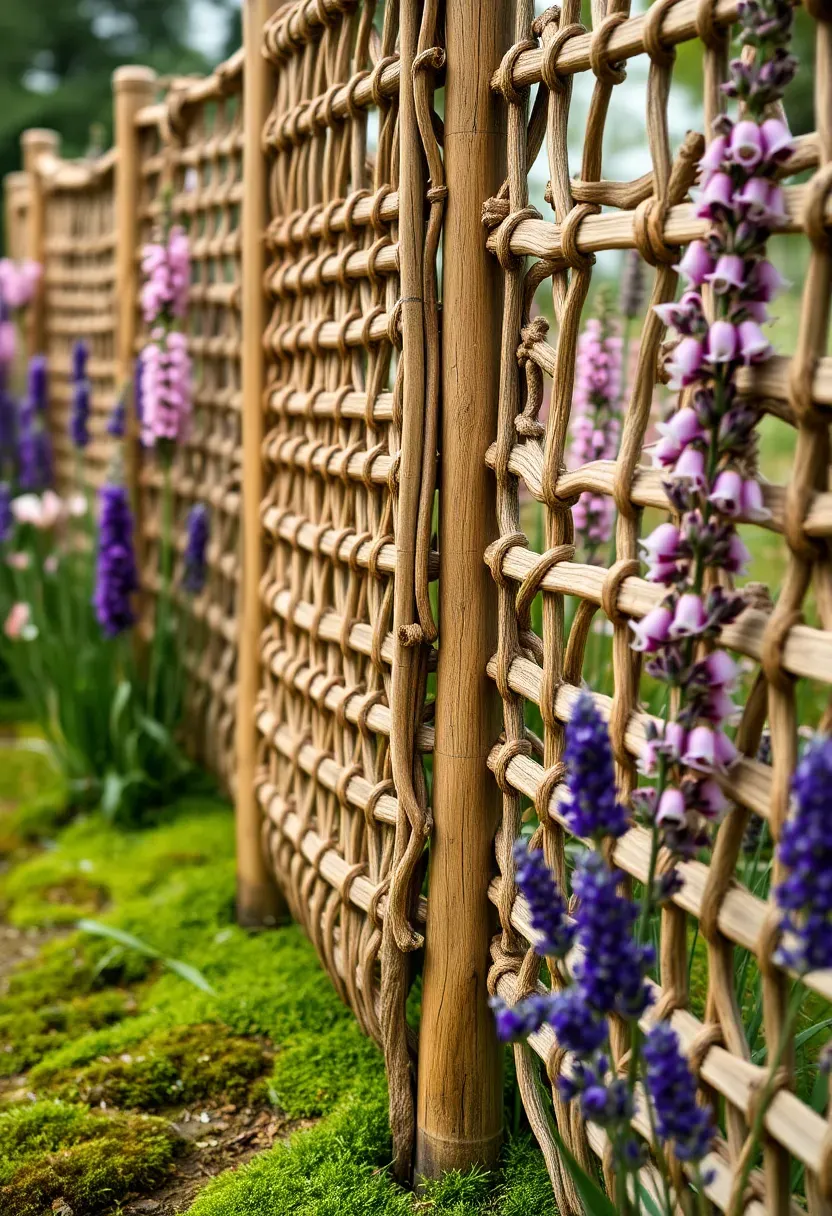 Woven hazel hurdle panel fence with rustic texture in an English country garden with lavender and foxgloves