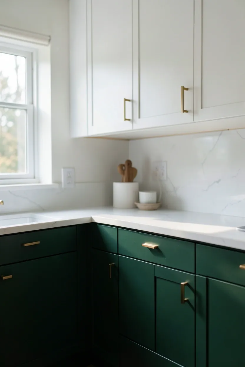 Hyper-realistic eye-level photograph of a modern kitchen with forest green lower cabinets, white upper cabinets, white quartz countertops. Morning light filtering through window with soft shadows. Materials: forest green satin finish, white quartz, brass hardware. Natural mood. Shallow depth of field, sharp details on cabinet details. No text, no logos, no watermarks.</p>