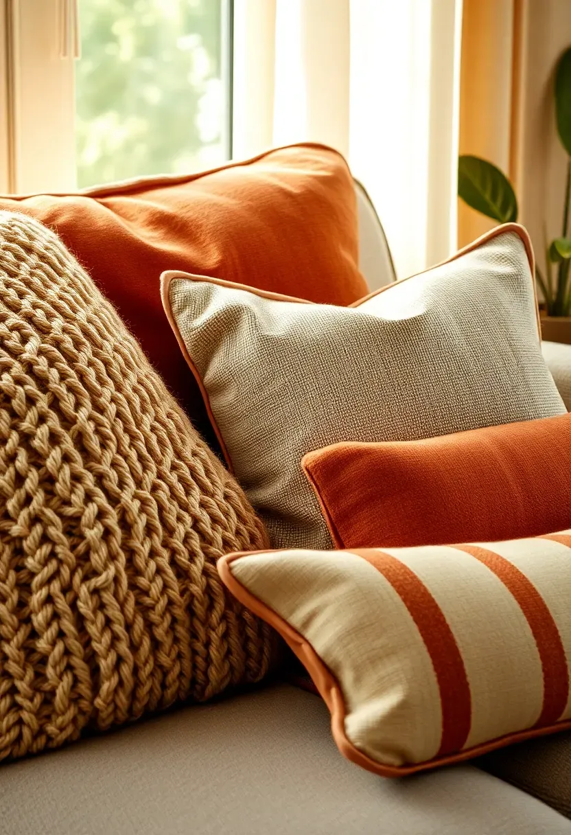 throw pillows in earthy terracotta and cream tones piled on a sunroom sofa