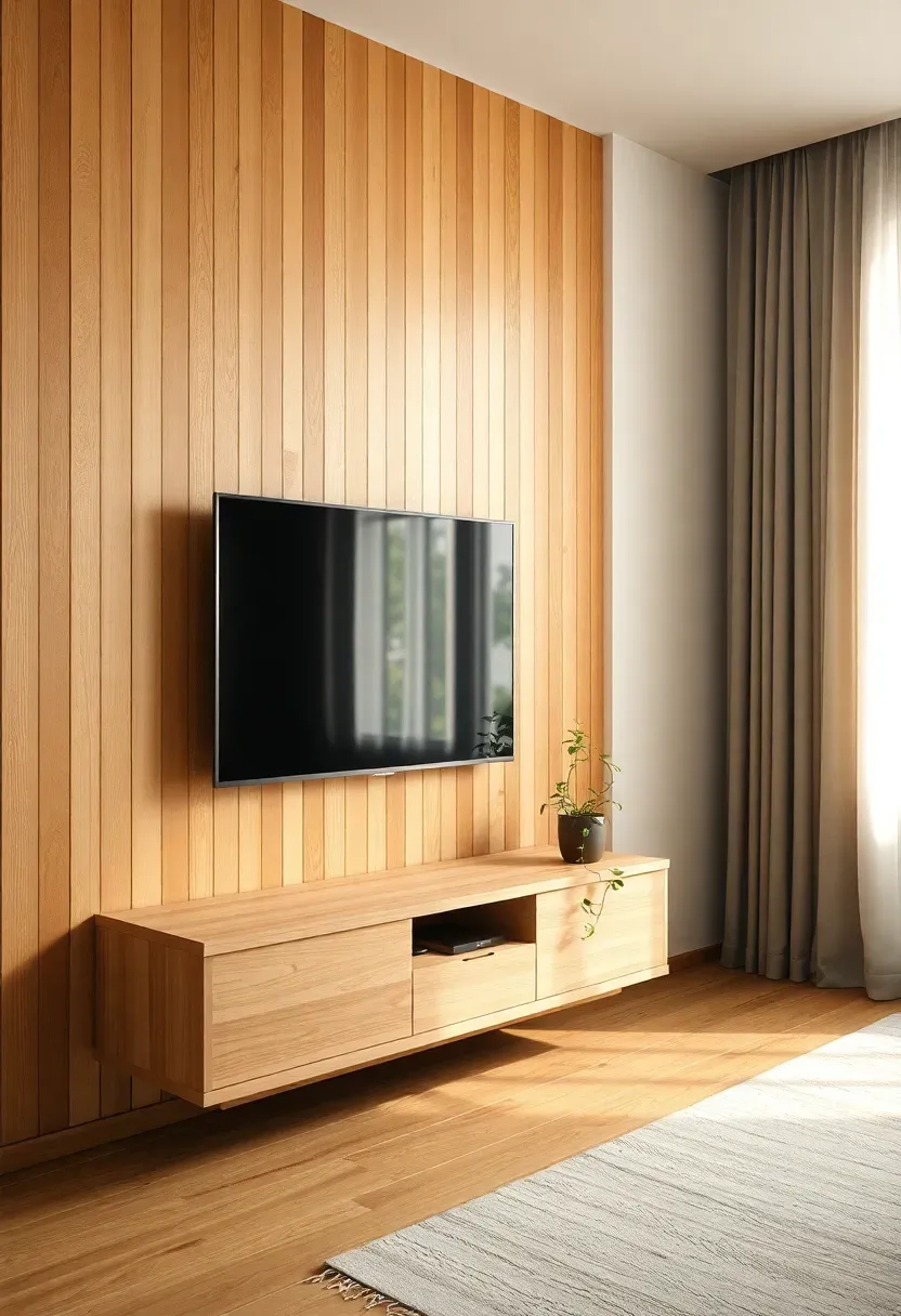 Living room with vertical natural oak wood slat panels behind a wall-mounted TV and a low floating media console