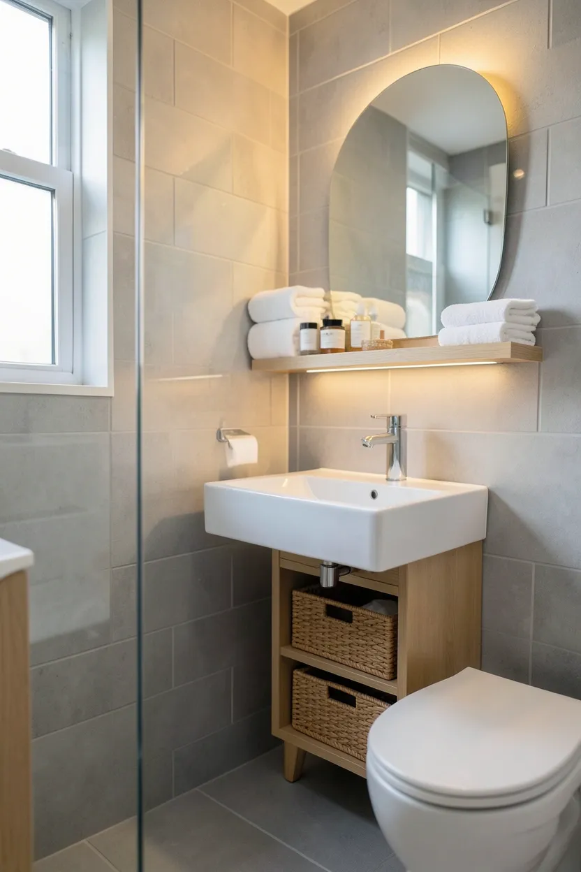 Frameless clear glass shower enclosure with neutral beige tile walls in a modern small bathroom