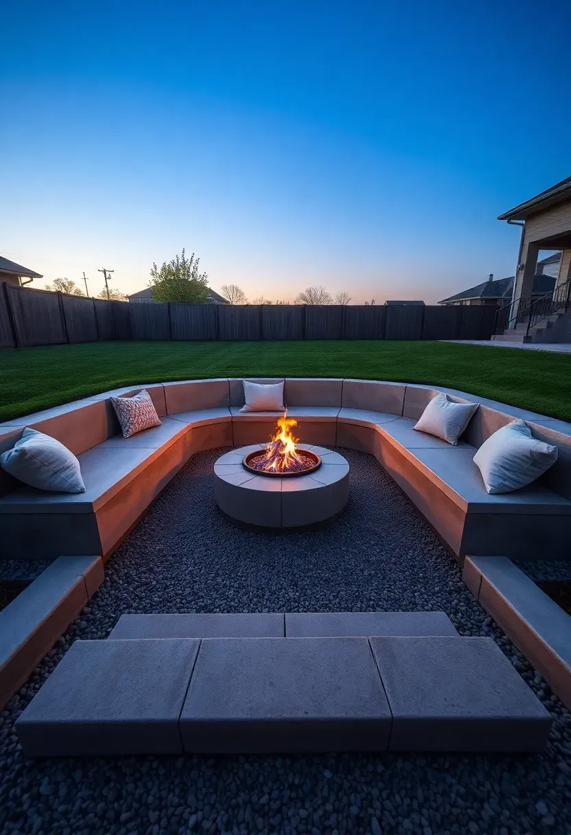 Sunken conversation pit in a backyard with built-in concrete bench seating around a gas fire feature and stepped entry from the lawn level above