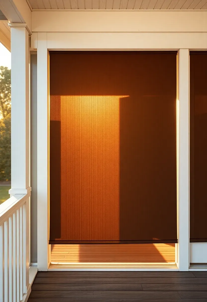 Retractable solar shade screens partially lowered on a backyard porch, filtering late afternoon sun