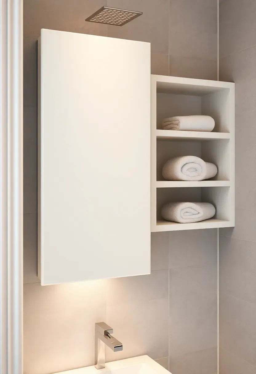 Integrated built-in vanity storage with recessed medicine cabinet and hidden pull-out drawers in a clutter-free modern bathroom