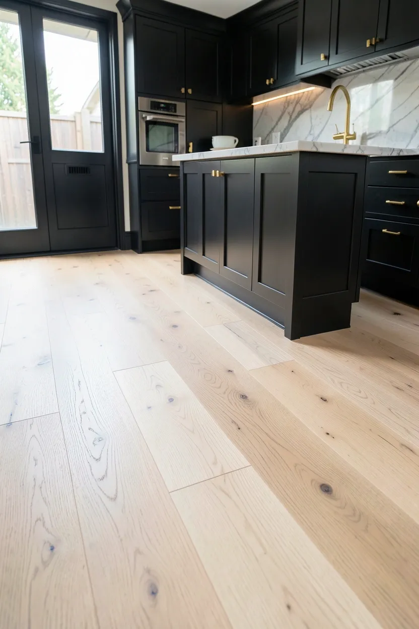 Wide-plank European white oak hardwood flooring beneath a marble island in a luxury kitchen with dark charcoal cabinets and gold hardware