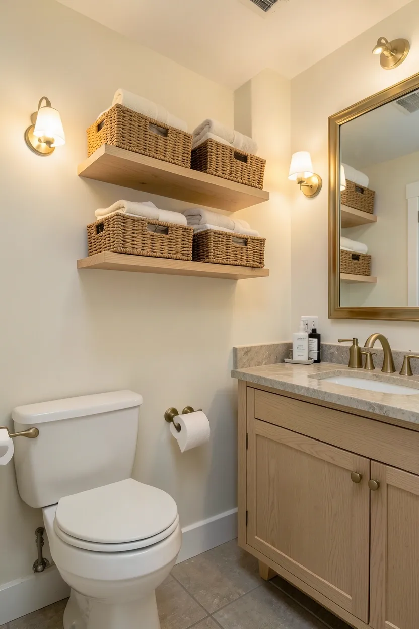 Hyper-realistic 3/4 view of a bathroom with open shelving and natural baskets. Two floating light oak shelves installed at varying heights above toilet. Shelves contain woven natural rattan baskets in warm tan and cream tones holding neatly folded towels and toiletries. Light oak vanity with stone top below. Neutral cream walls with warm gray floor tiles. Brass fixtures provide warm metallic accents. Warm ambient lighting from wall sconces. Mirror with brass frame above vanity. Clean organized appearance. No text, no logos, no watermarks.</p>