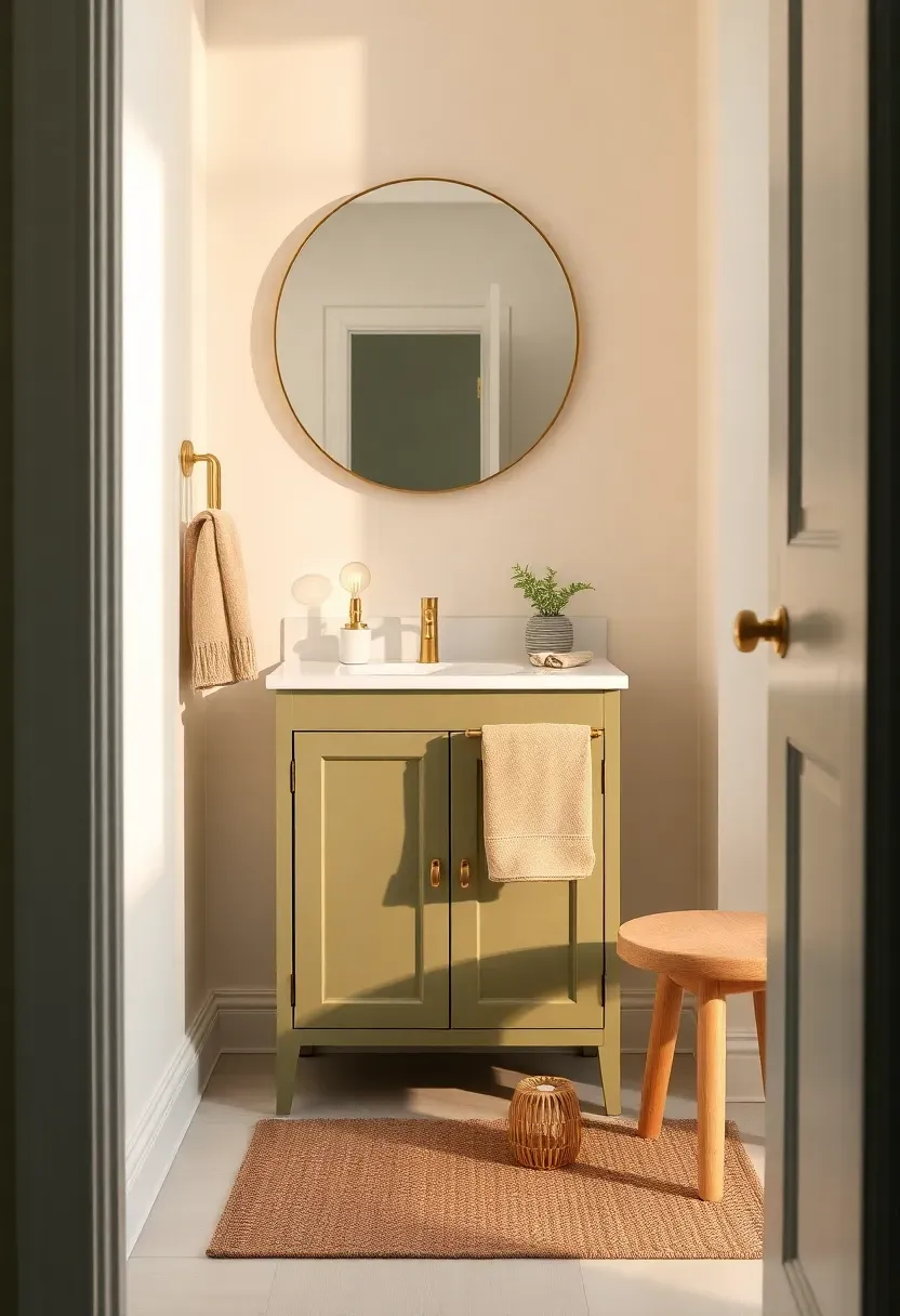 Olive-and-brass accents for green bathroom decor