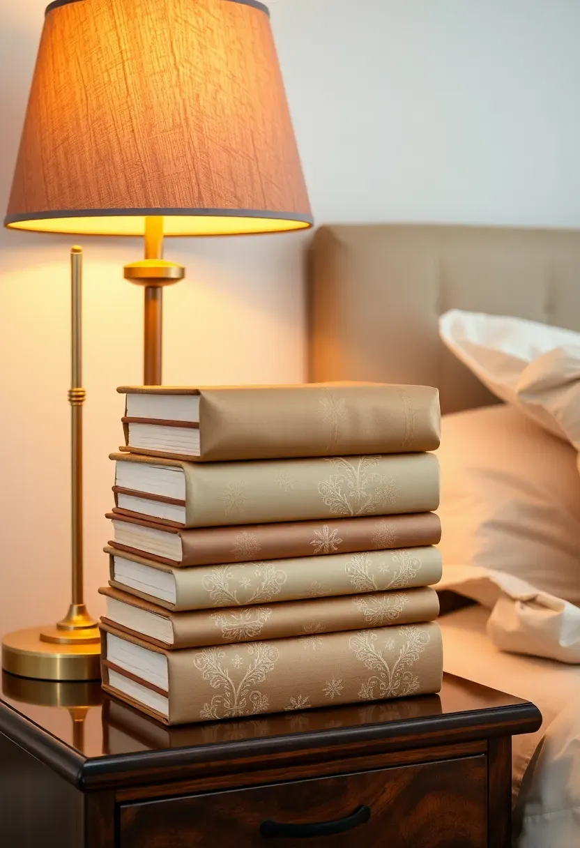 Hyper-realistic 3/4 view of bedroom nightstand with stack of five books wrapped in coordinated Christmas wrapping paper. Papers in matte gold, cream, and burgundy with subtle textures—no bright patterns. Books stacked vertically beside lamp with warm glow. Dark wood nightstand, white bedding beyond, white walls. Materials: wrapped hardcover books, wood nightstand, linen bedding. Warm lamp light, paper catching light elegantly. Sophisticated Christmas book decor. Shallow depth of field, sharp details on paper textures. No text, no logos, no watermarks.</p>