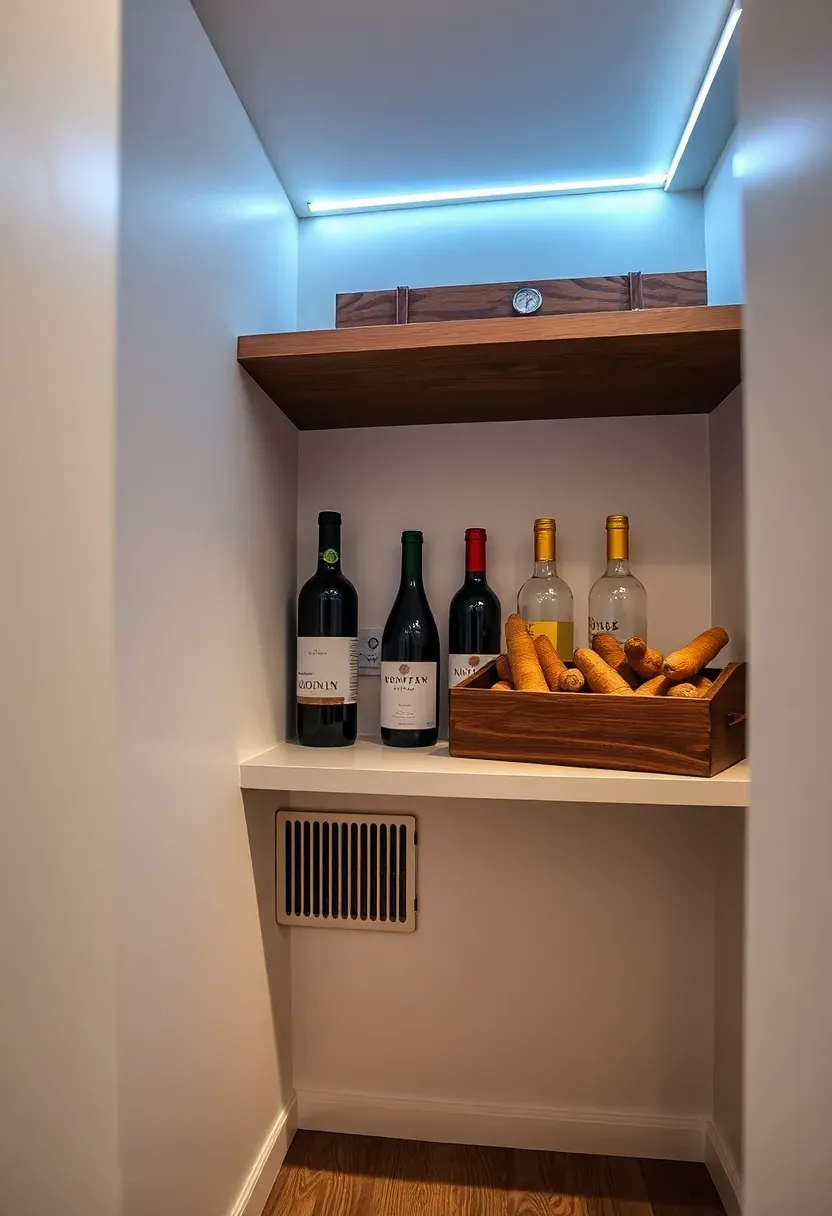 Pantry section with ventilation grille in the lower wall, thermometer mounted inside, wine bottles and root vegetables in a dark walnut crate, slim LED strip along the upper shelf edge