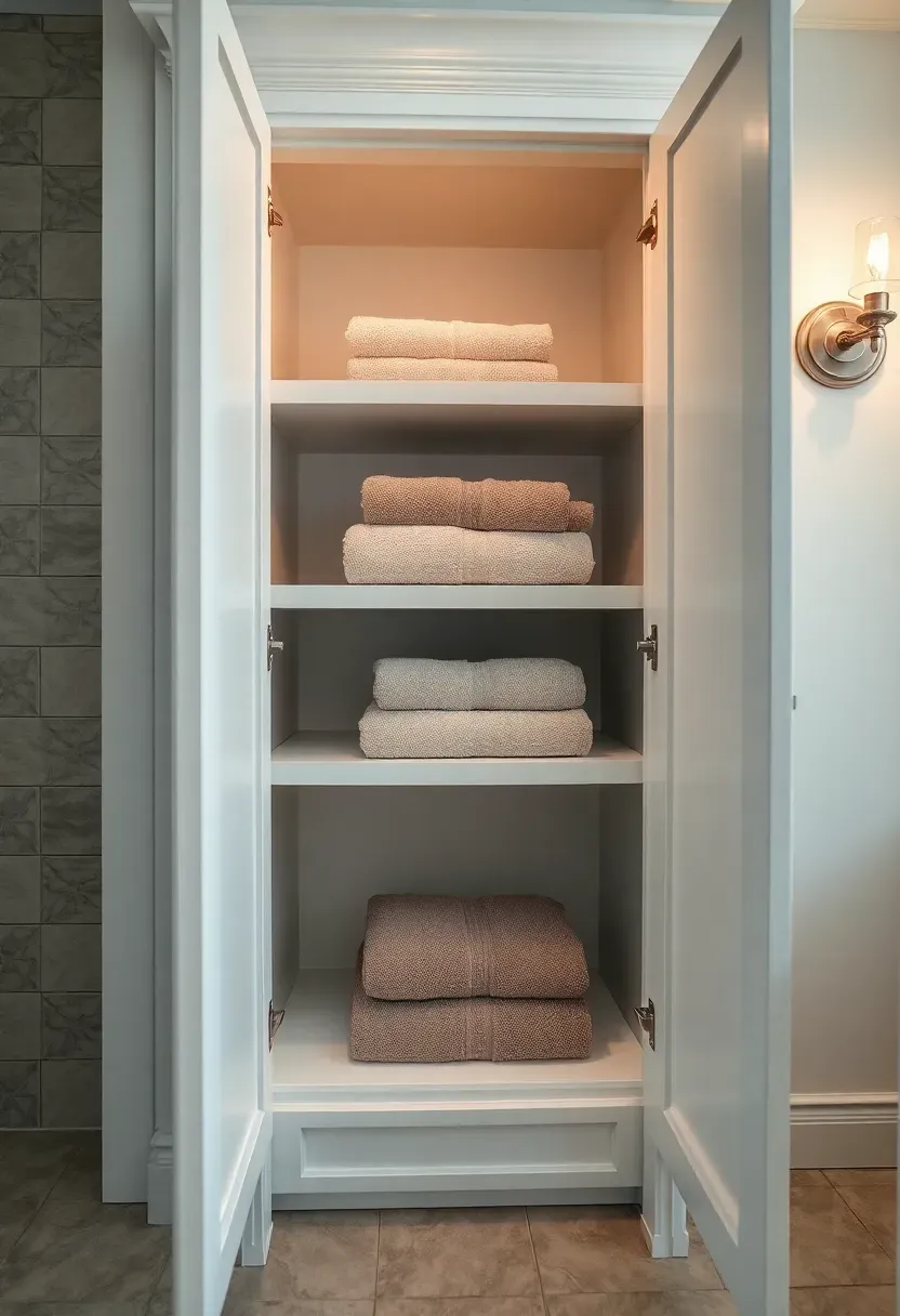 Floor-to-ceiling white built-in linen cabinet in a bathroom with adjustable shelves holding folded towels