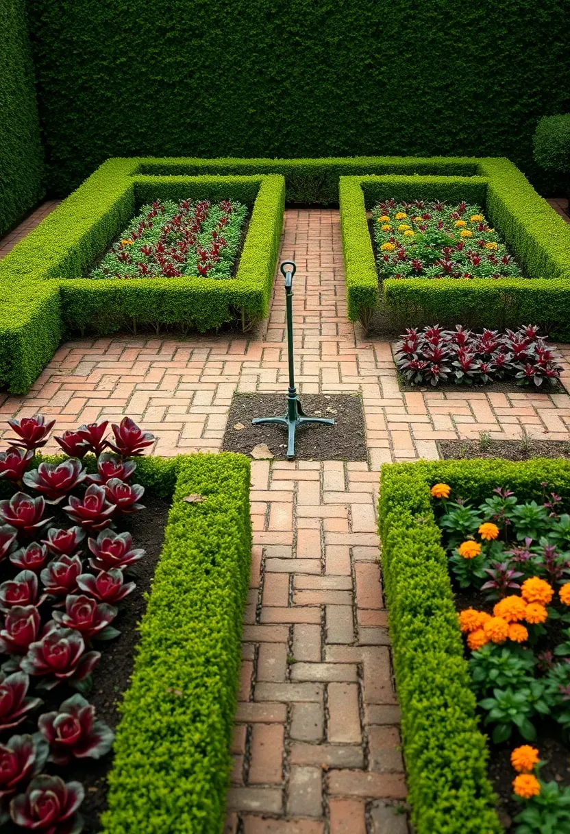 Formal French potager vegetable garden with geometric beds edged in low boxwood hedges and a gravel path leading to a central focal point