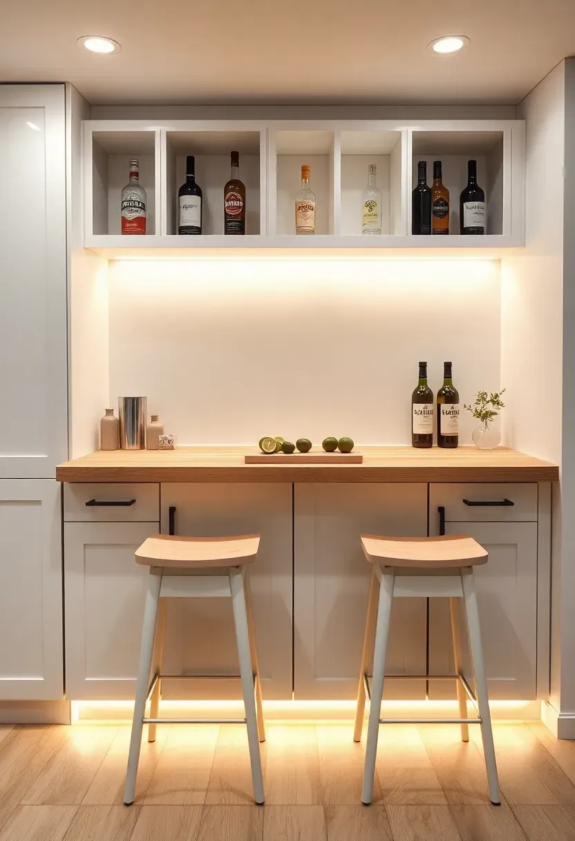 basement bar built from IKEA kitchen cabinets with butcher block countertop open shelving above and LED strip lighting under counter