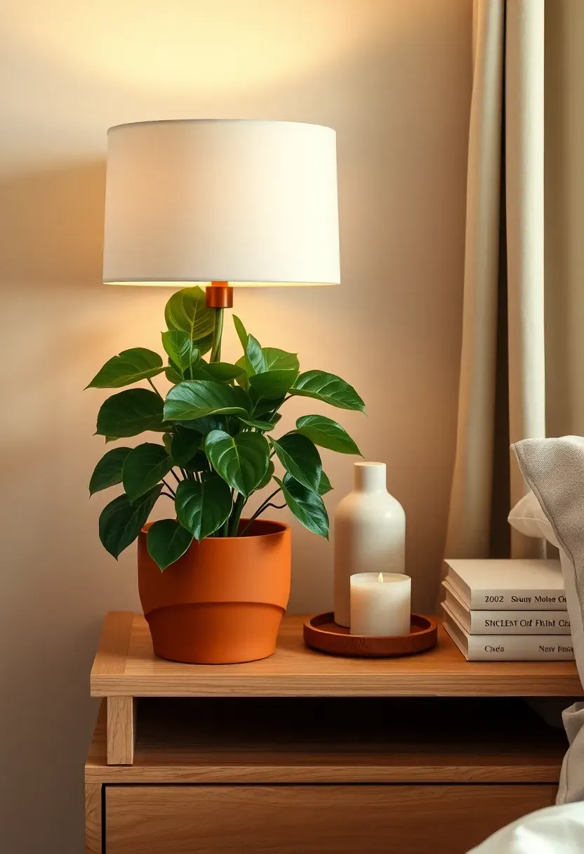 Styled bedroom shelf and nightstand with a pothos plant in a terracotta pot, a white ceramic vase, a candle on a tray, and a short stack of books with clear negative space between groups