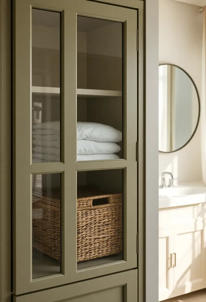 Bathroom closet with glass-front cabinet doors showing neatly folded linens and woven baskets inside