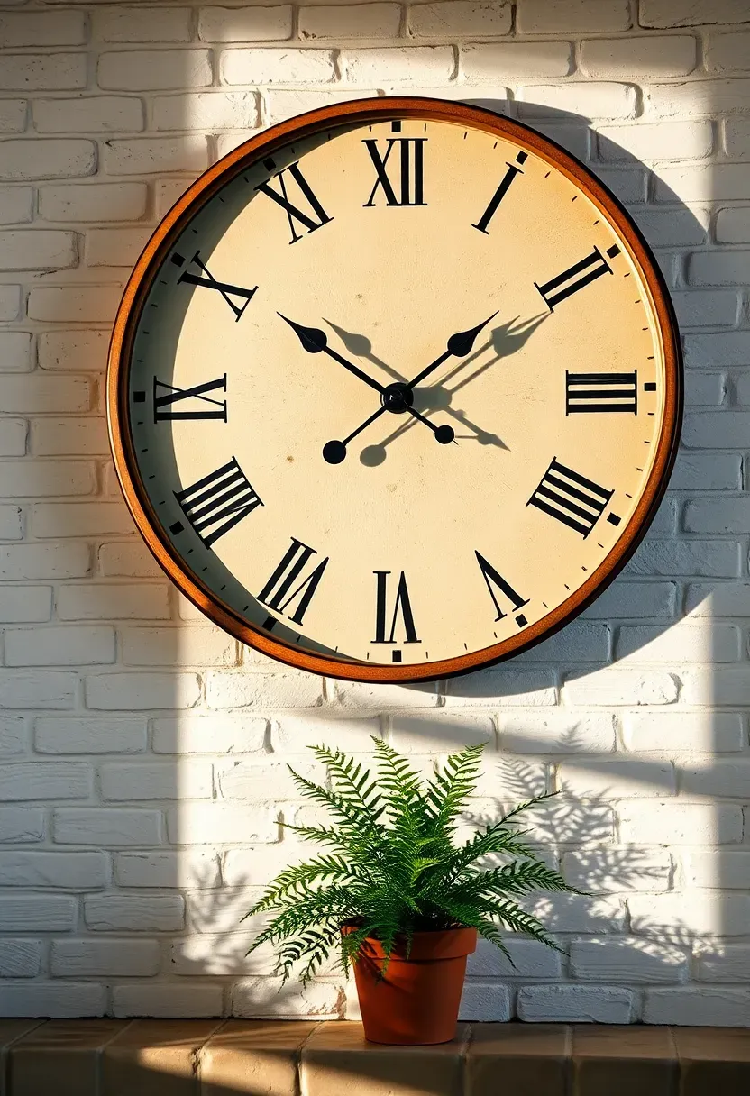 Large vintage-style wall clock with Roman numerals above a white painted brick fireplace