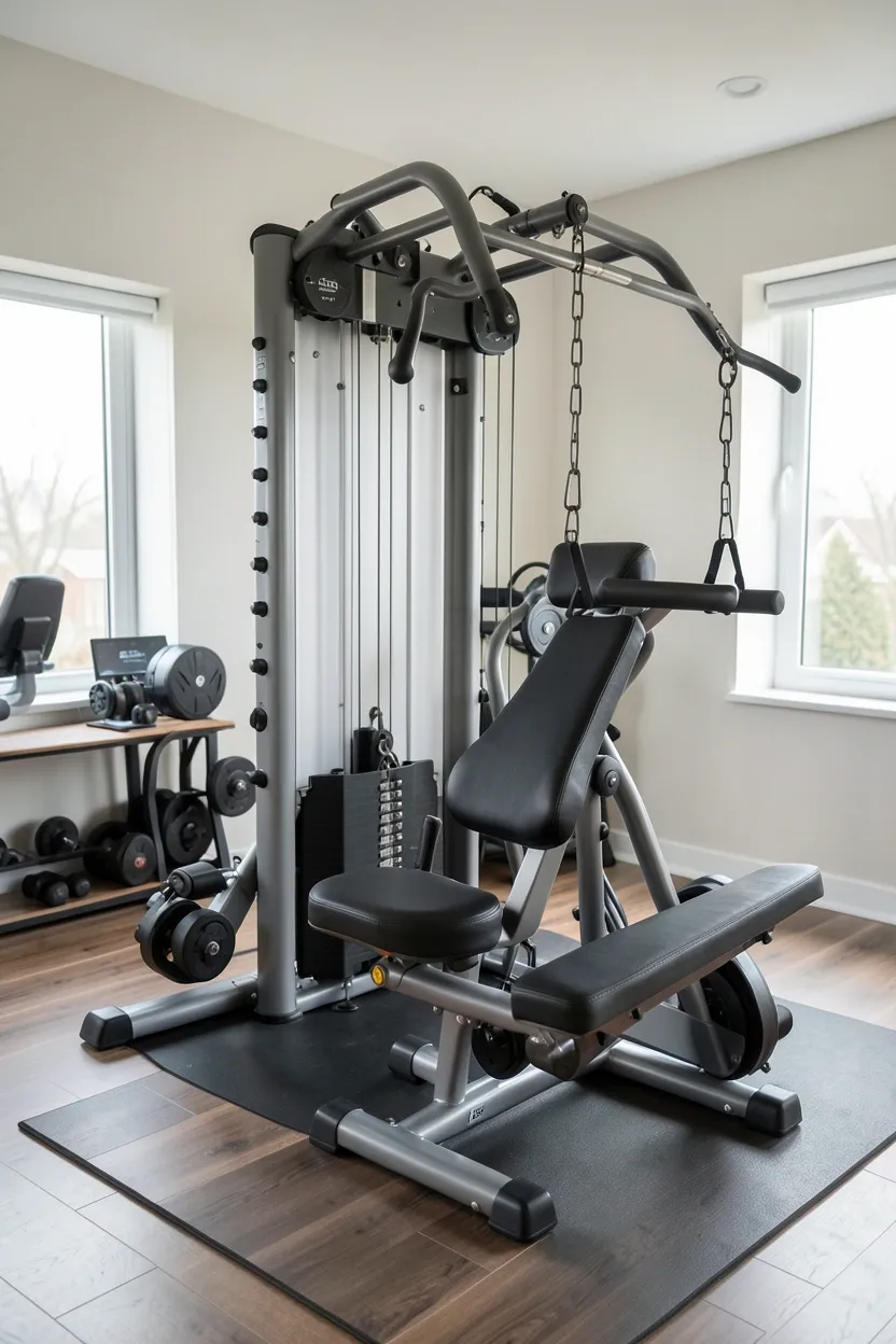 Gray and black multi-station gym system with cable attachments and weight stack positioned in the corner of a small dedicated home gym room