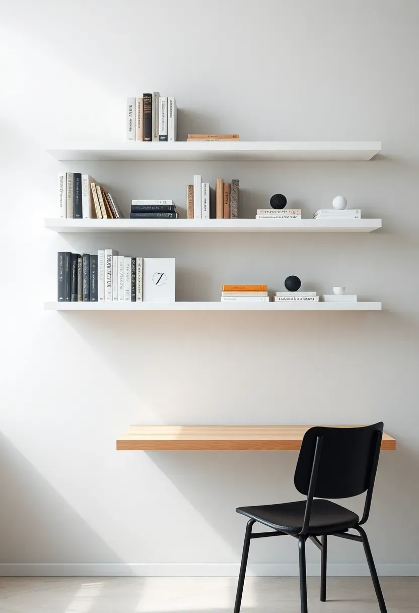 Hyper-realistic 3/4 view of minimalist floating white wall shelves with carefully arranged books and small objects, simple desk below with chair. Materials: white shelves, matte books, wood desk, black chair. Soft diffused natural light from side window, clean shadows. Minimalist composition, sharp shelf details, visible light gray wall and floor. No text, no logos, no watermarks.</p>
