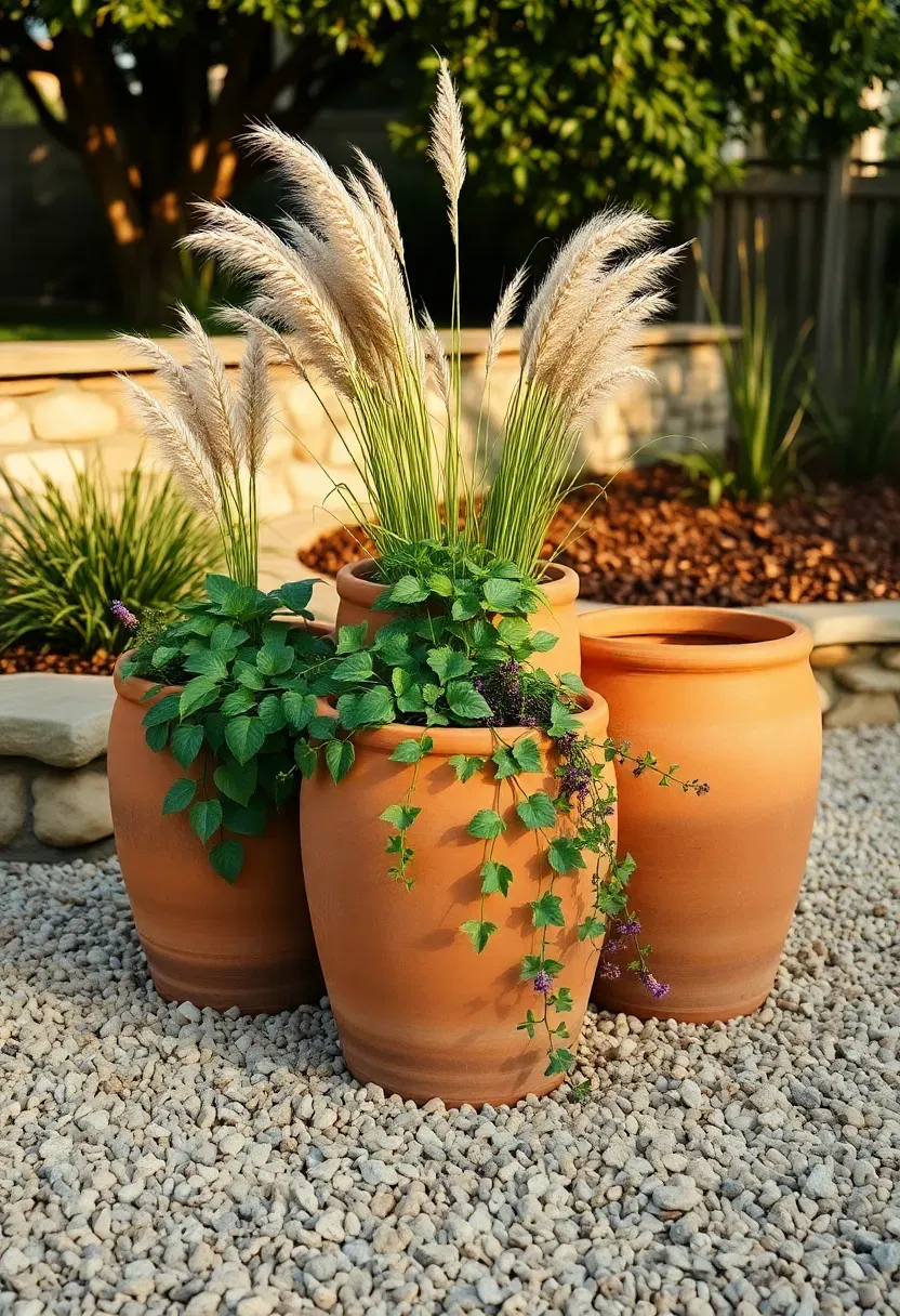 Cluster of three oversized terracotta pots on a gravel patio filled with ornamental grasses and trailing ivy in warm afternoon light