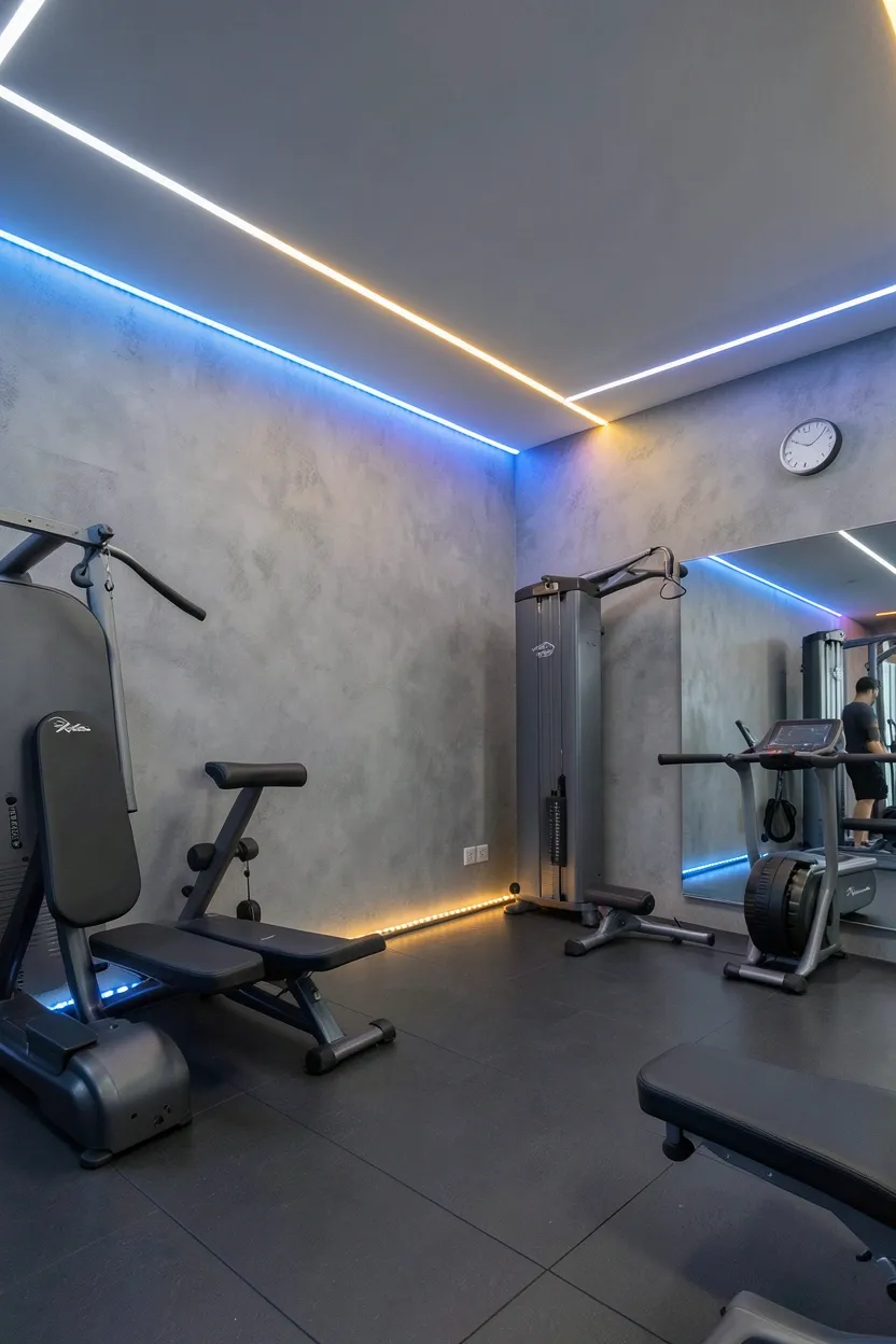 Slate grey home gym with smart RGB LED strip lighting set to energizing blue for a HIIT workout session