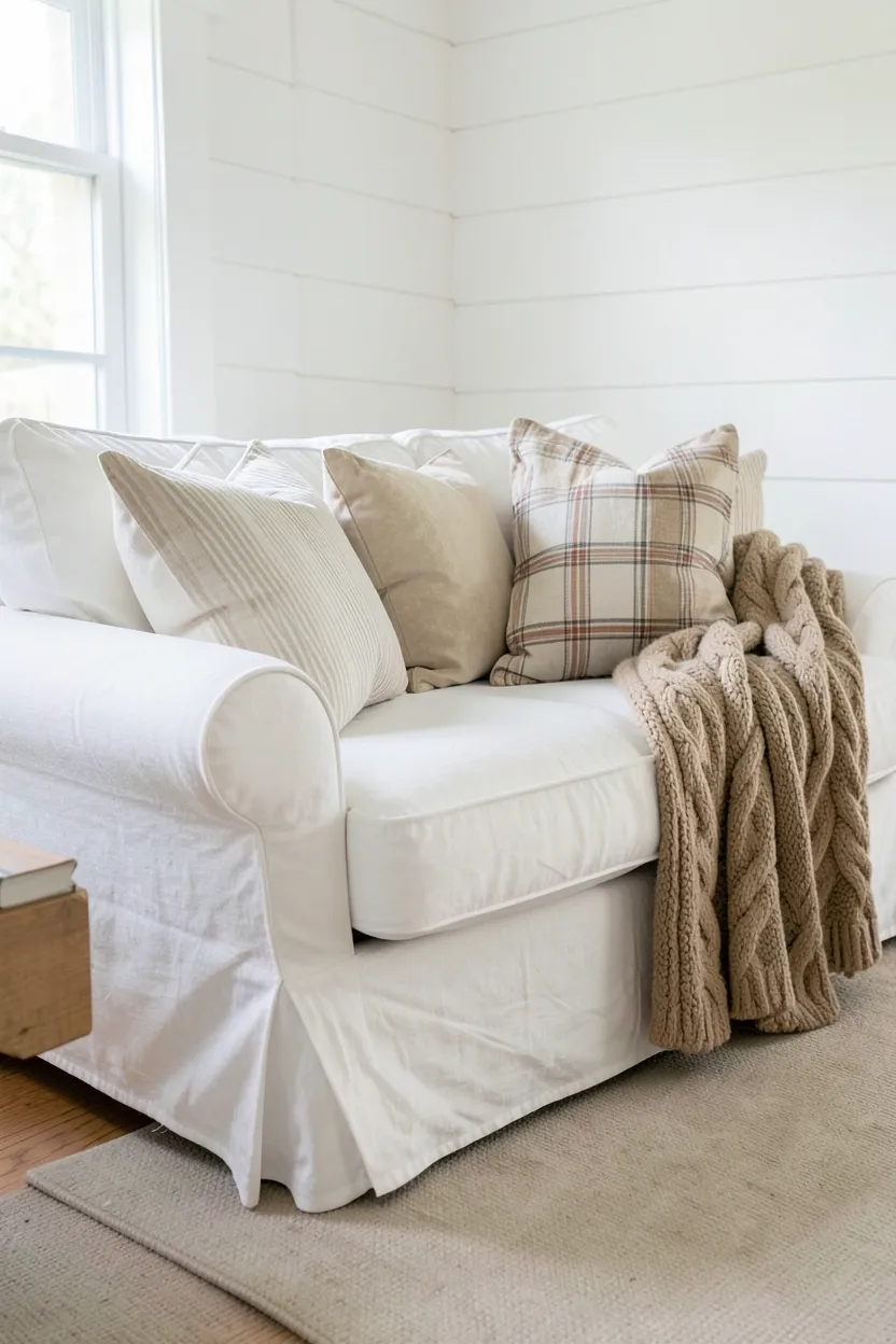 White linen slipcovered sofa with mixed texture throw pillows in a bright cozy farmhouse living room