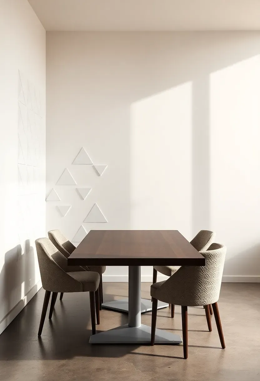Dining room with a fractal geometry accent wall featuring intricate recursive triangular patterns in white relief on a warm grey background