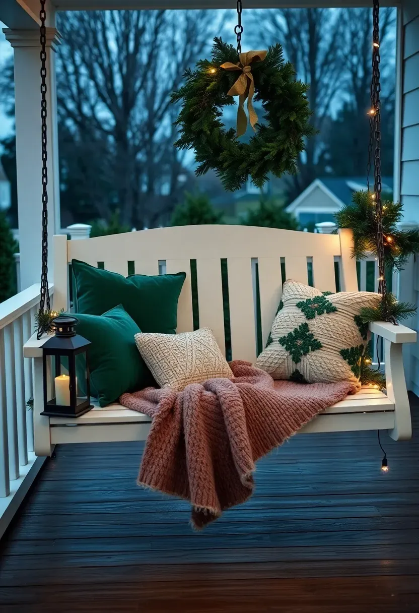 Hyper-realistic 3/4 view of a porch swing Christmas scene display. Materials: white wooden porch swing piled high with forest green velvet and cream knit pillows, faux fur throw draped across one corner, matching wreath hanging directly above swing, black metal lantern with warm LED on small side table, mini white lights wrapped around swing chains, fresh pine garland on railing. Twilight blue hour (3800K), wood plank porch floor, white farmhouse exterior. Dreamy romantic mood like holiday movie scene. Shallow depth of field, sharp details on velvet texture and pillow arrangement, inviting focal-point composition. No text, no logos, no watermarks.</p>