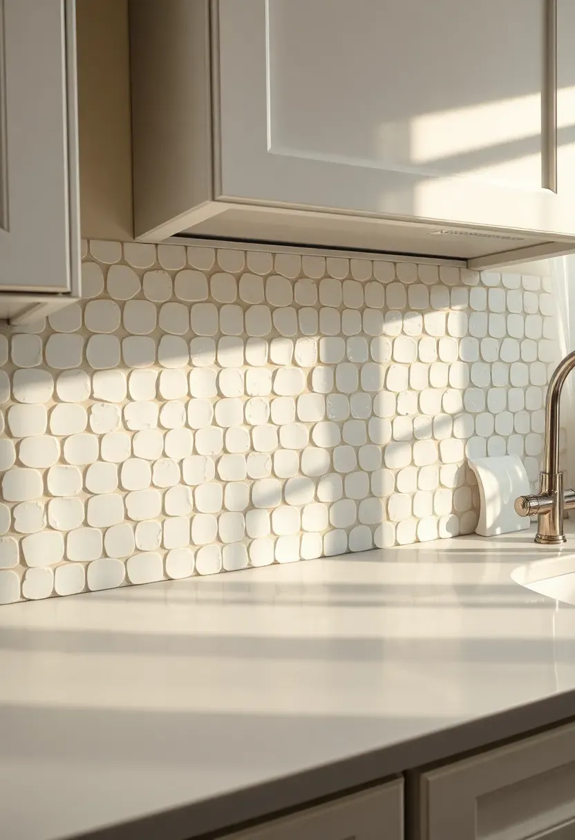 weathered white zellige tile backsplash with irregular glossy surface reflecting kitchen light next to white cabinets