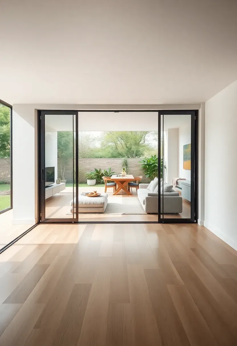 Hyper-realistic 3/4 view of minimalist living room with large sliding glass doors fully open to outdoor terrace, creating seamless indoor-outdoor flow. Light oak flooring continues from interior to exterior terrace. Cream linen sofa visible indoors, outdoor dining table beyond. Greenery and trees visible on terrace. White walls, minimal decor. Materials: glass doors, continuous oak flooring, linen upholstery, outdoor wood furniture. Abundant natural light, blurring interior-exterior boundary. Biophilic connection to outdoors. Sharp details throughout both spaces. No text, no logos, no watermarks.</p>