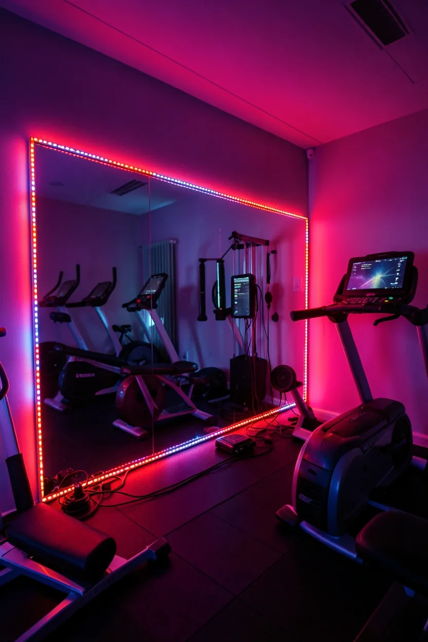 Smart lighting system in a home gym with app-controlled LED bulbs and recessed fixtures set for a cardio workout mode