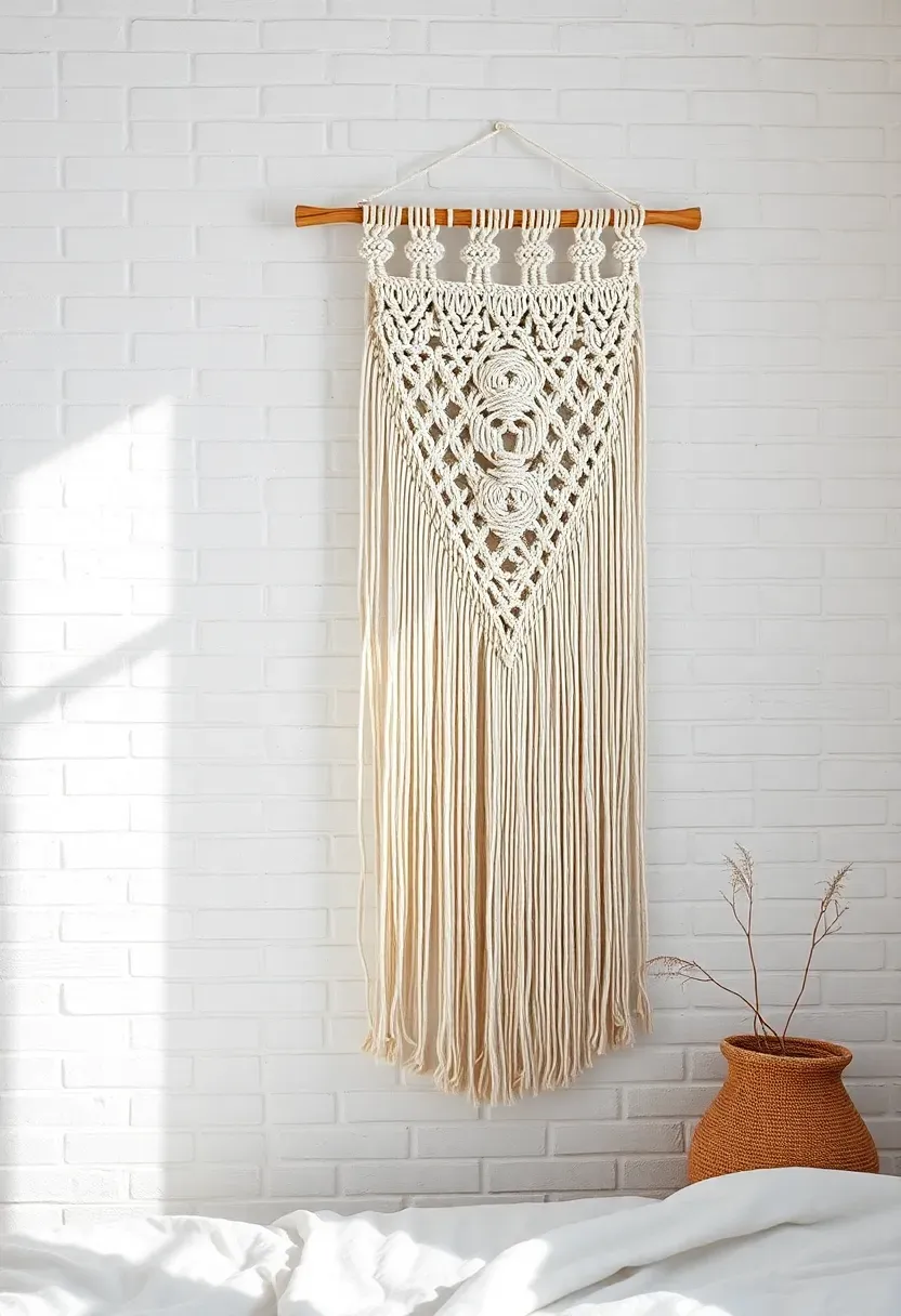 Hyper-realistic shot of a minimalist boho bedroom wall with a single large woven macramé wall hanging as the only decoration. Materials: cream cotton macramé with intricate knot patterns, white painted brick wall, natural light. Clean composition with negative space emphasizing the textile art. Minimalist mood with no other wall decor visible. No text, no logos, no watermarks.</p>