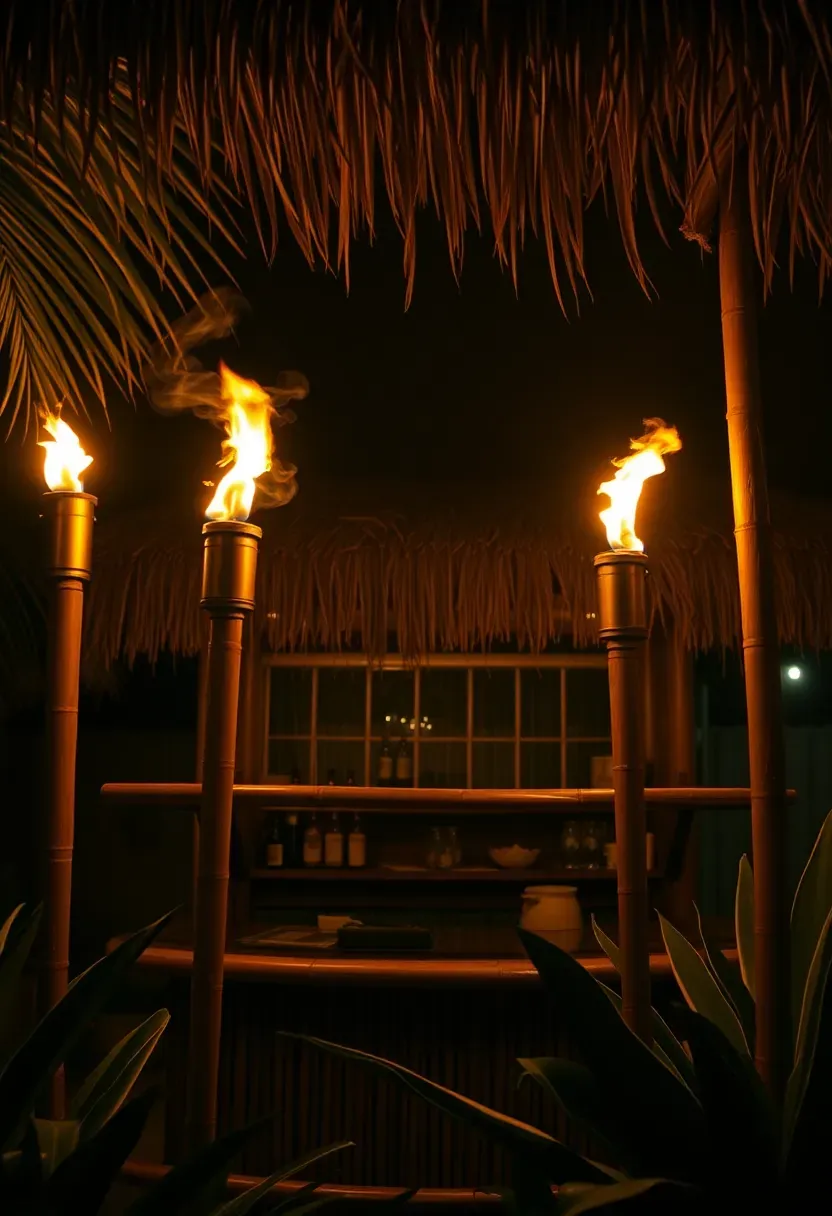 Tiki bar at night flanked by lit bamboo tiki torches with flickering flames casting warm light across a tropical backyard gathering