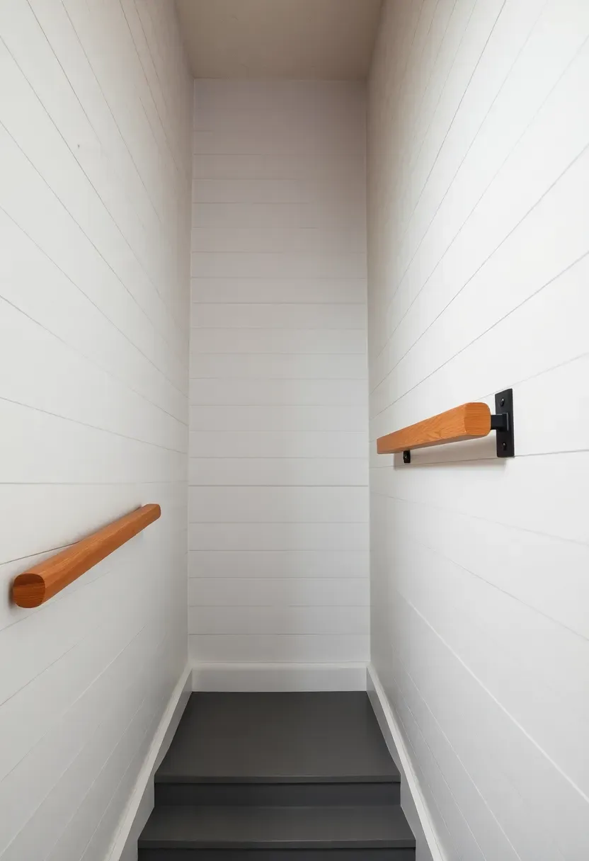 Basement stairwell with white shiplap planks running horizontally along both walls and a simple wooden handrail