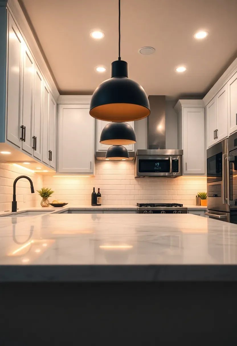 Modern kitchen with linear pendant lights over a dark quartz island, recessed spots along the perimeter counters, and under-cabinet LED strips illuminating a marble backsplash