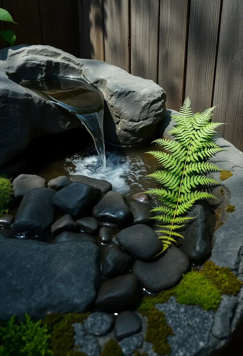 Natural stone basin water fountain with water gently bubbling over smooth river rocks surrounded by ferns and moss in a shaded garden corner